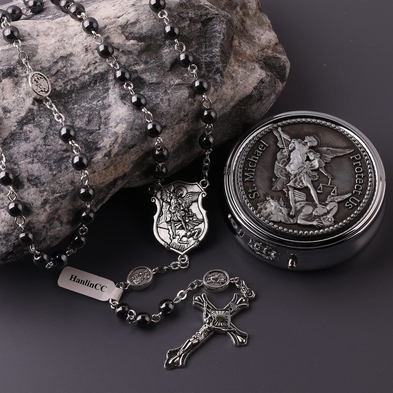 HanlinCC Saint Michael the Archangel Hematite Black Stone Beads Rosary