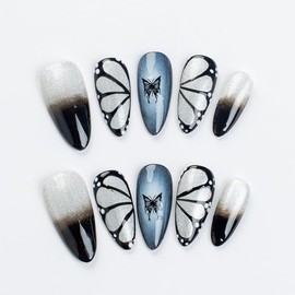 K&S Nails Press on Handmade Nails - SIZE LARGE (Dancing Butterfly) |Medium Almond | Nail Kit with Two Types of Glues, UV/LED Lamp and Glue Remover | False Nails with 10 Pcs