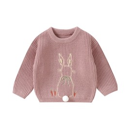 Toddler Baby Girls Easter Jumper Sweater Cute Bunny Embroidery Long Sleeve Crew Neck Pullover Winter Warm Knitwear (Pink, 6-9 Months)