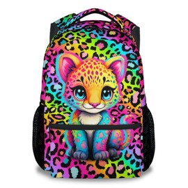 NICEFORNICE School Backpack for Girls - 17 Inch Kids Cheetah Backpacks Ages 6-8 - Cute Rainbow Leopard Print School Bag for Kindergarten