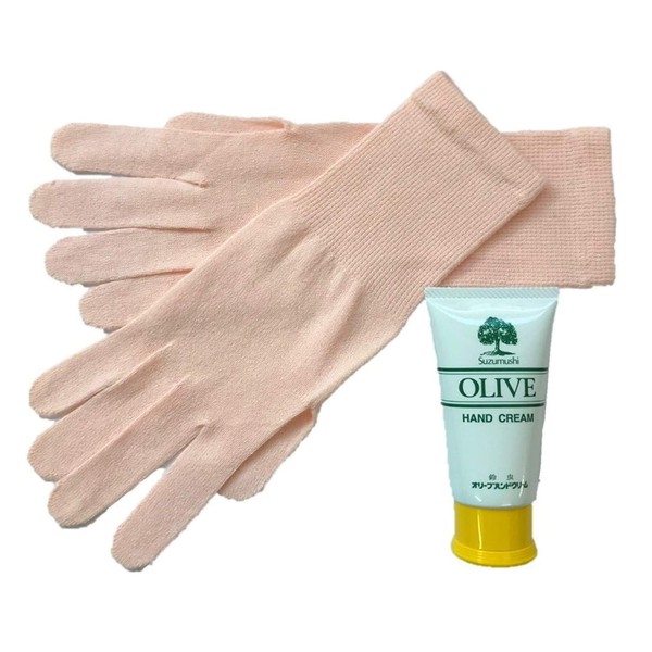 Olive Sarah Soft Gloves and Olive Hand Cream, Made of Shodoshima Olive Oil, Moisturizing Gloves, Rough Hands, Made in Japan, Respect for the Aged Day, Birthday Gift, safety pink