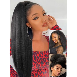 catti 3 In 1 Half Wig Kinky Straight Synthetic Hair Comfortable Fit Invisible Hairline Adjustable Drawstring Wigs for Seamless Hair Blending Ready to Go Headband Wig for Women 22 Inch