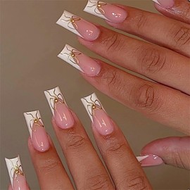 IMRAIN Long Square Press on Nails White French Tip Fake Nails with Gold Bow Designs Nude Squoval False Nails Glossy Glue on Nails Artificial Stick on Nails for Women Girls 24Pcs