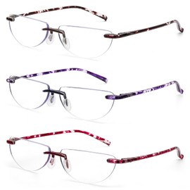 DOOViC 3 Pack Rimless Half Moon Reading Glasses TR90 Lightweight Blue Light Blocking Readers for Women and Men 1.75 Strength