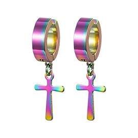 Gold Silver Cross Clip On Earrings Drop Dangle Set for Women Men Cross Titanium Steel Hoop Dangle-Colorful