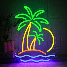 Folkive Coconut Tree Neon Sign for Wall Decor Dimmable Beach Sunset Led Sign for Bedroom Tropical Palm Tree Neon Light for Tiki Bar Hawaii Club Summer Beach Party Decoration