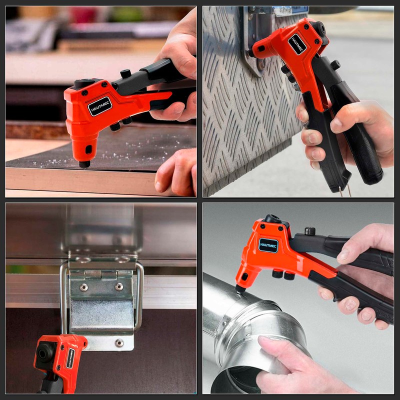 HAUTMEC 4-in-1 Rivet Gun,8" One-Handed Riveter with 4 Tool-Free Interchangeable