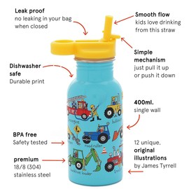 Tyrrell Katz Kids Trucks Printed Drinking Bottle in Blue with Straw - Stainless Steel Dishwasher Safe Children's School Water Flask - 400 ml