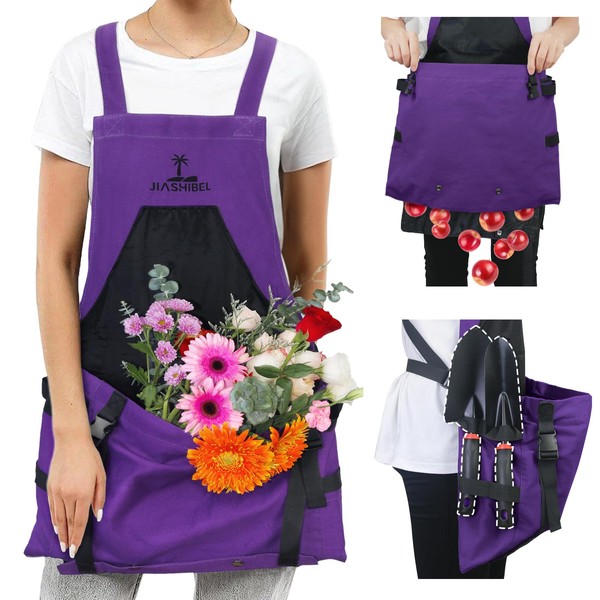 JIASHIBEL Gardening Apron with Pockets For Women & Men,Adjustable Cross Back Canvas Garden Apron with Quick Release Pockets (Purple)