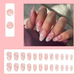 24 Pcs Press On Nails Medium Oval - ZIFANHU Pink Fake Nails Press Ons Nail Art Tip Full Cover Acrylic White False Nails with Clouds Starlight Glitter Design Glue on Nails Kit Set for Women