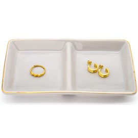 HANKOR Ceramic Jewelry Dish Tray, 2 Compartment Ring Dish, Decorative Trinket Tray for Rings, Earrings, Keys, Birthday Christmas Gifts, Grey