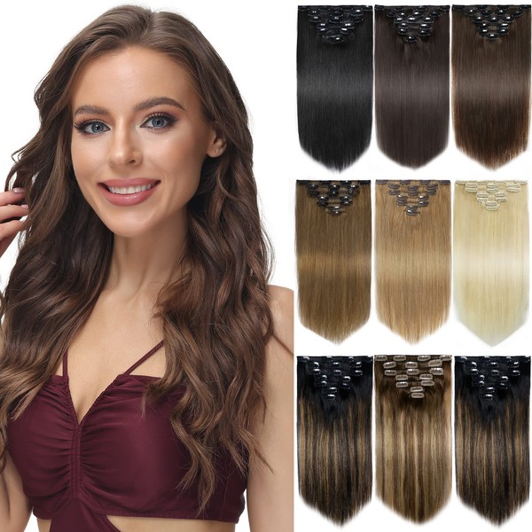 Yamel Remy Clip in Hair Extensions Human Hair 7Pcs 16 Clips Real Human Hair Extensions clip Medium Brown