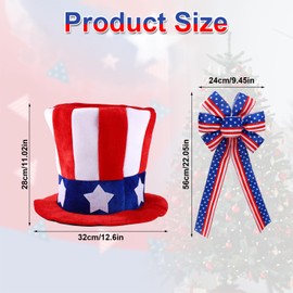 4th of July Tree Topper, Red White Blue Patriotic Christmas Tree Decoration with Hat & Bow for Memorial Festival Celebrations Supplies