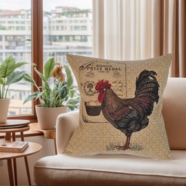 AureoMadis Farmhouse Rooster Throw Pillow Covers 18x18 – Tapestry Woven Rustic Country Design – Vintage Decorative Pillows for Couch, Bed, Living Room (Brown Rooster with red Comb)