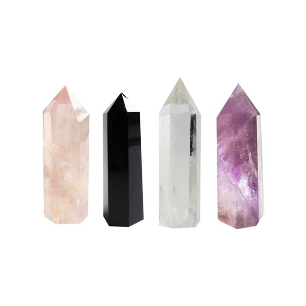 Set of 4 Healing Crystal Wands | Amethyst Crystal, Clear Quartz Crystal Wand & Rose Quartz Crystal Points,Black Obsidian| 6 Faceted Reiki Chakra Meditation Therapy