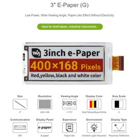 waveshare 3inch E-Paper (G) Raw Display Compatible with Raspberry Pi 4B/3B+/3B/2B/B+/A+/Zero/Zero W/WH/Zero 2W 400×168 Resolution SPI Interface Supports Jetson Nano