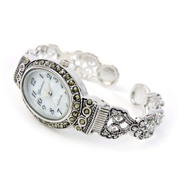 Silver Black Vintage Style Marcasite Crystal Oval Face Women's Bangle Cuff Watch