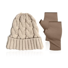 1 Piece of Ponytail Warm Hat and 1 Pair of Fingerless Warm Gloves, Women’S Knitted Hat, Winter Cold Protection Supplies Beige