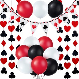 Pack of 19 Casino Party Decorations Poker Bunting Banner Casino String Decorations Red Black White Latex Balloons for Birthday Poker Theme Party Decorations