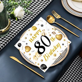 50pcs 80th Birthday Paper Napkins, White and Gold Happy Birthday Napkins Disposable Luncheon Cocktail Party Paper Beverage Napkin for Anniversary Birthday's Party Decorations, 13 x 13 Inches