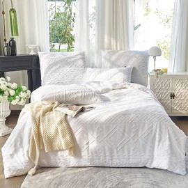 Amolavet Queen Comforter Set White Tufted Boho Comforters Queen Size 3 Pieces Set Bohemian Textured Lightweight Fluffy Queen Size Comforter Sets Farmhouse Bedroom Decor for All Season