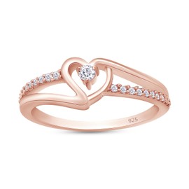 AFFY 1/10 Carat CT Round Lab Grown & White Natural Diamond Bypass Heart Promise Ring 14k Rose Gold Over Sterling Silver (I-J Color, I2-I3 Clarity, 0.10 Cttw) Ring Size-6