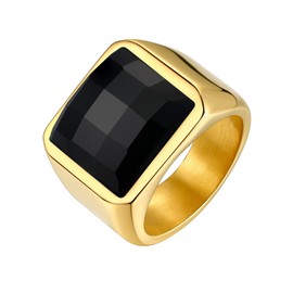 Bestyle Thick Men Gold Ring-15mm*15mm Black Onyx Gemstone Ring-Chunky Cool 18K Gold Plated Men Signet Ring Stacking Thick Band Ring- Retro Biker Every Day Casual Ring, Size 8
