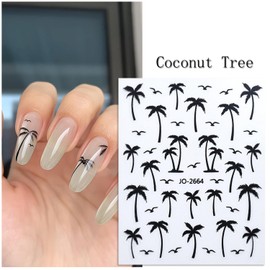Holographic Coconut Tree Nail Sticker Palm Leaves Fruit Summer Theme Design Gold Transfer for Nails Supplies Seagulls Black Coconut Tree Decal Manicure Tips DIY Nail Art Decoration for Women Girl 8PCS