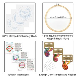Louise Maelys 3 Sets Funny Embroidery Kits for Beginners,Cross Stitch Kit for Adults,DIY Needlepoint for Starters Including Wreath Flower Pattern, Hoop,Instruction and Threads