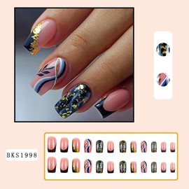Vezocim Medium Press on Nails - Square Black, 24Pcs French Tips with Glitter Leaf Designs and Charms, Glossy Glue on Nails