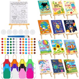 Ireer 12 Set Inspirational Pre Drawn Canvas for Painting Kit for Kids Sip and Paint Kit, 12 Printed Canvas 12 Easels 36 Brushes 12 Palettes 12 Apron for DIY Art Paint Back to School Party Birthday