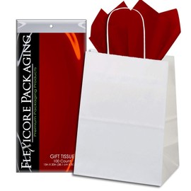Flexicore Packaging White Kraft Paper Gift Bags & Scarlet Red Gift Wrap Tissue Paper Size: 8 Inch X 4.75 Inch X 10.5 Inch | Count: 50 Bags | Color: Scarlet Red