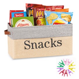 Flenpptly Snack Organizer for Countertop, Snack Storage Containers for Pantry with 10 Chip Clips, Burlap Snack Basket Organizer and Snack Bin for Kitchen Organization, Storing Chips, Cookies (Grey)