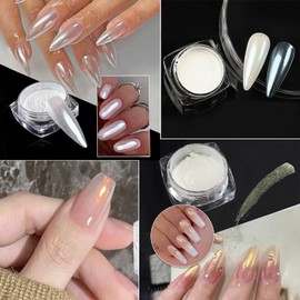 GZMAYUEN 2 Boxes Pearl White Nail Powder - Glazed Donut Chrome Powder for Nails - Pearlescent Iridescent Gel Cromer Nail Powder