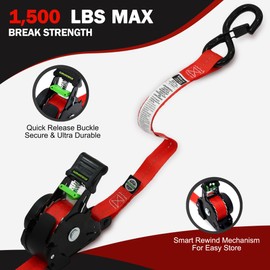 Retractable Ratchet Straps(4PK 1.0INX12FT) - 1,500lb Break Strength, Ratchet Strap Heavy Duty with Rubber Coated Handle, Perfect Auto Ratchet Straps for Motorcycle,Trucks (Red)