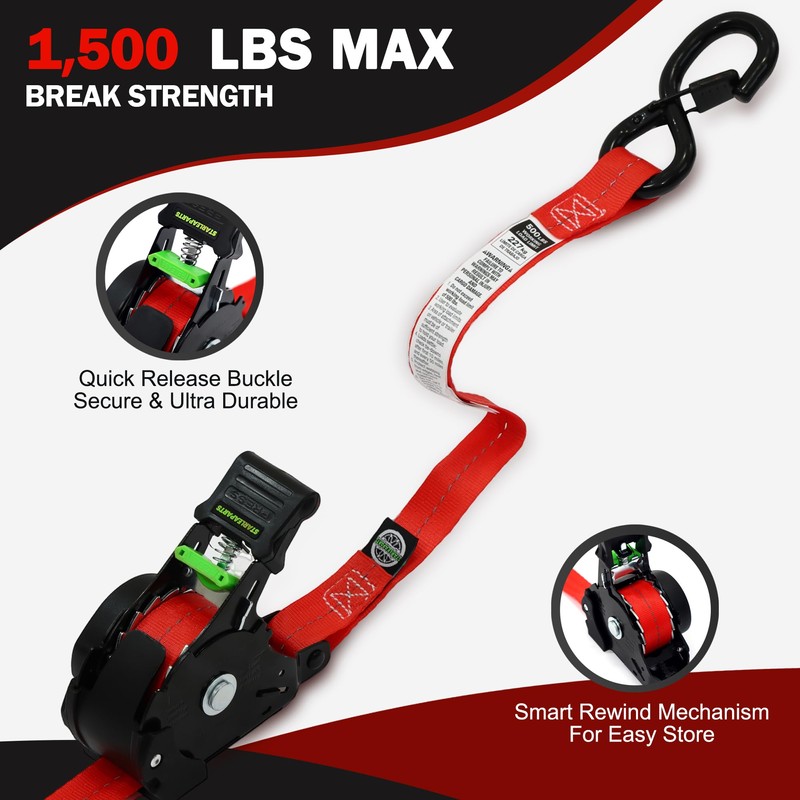 Retractable Ratchet Straps(4PK 1.0INX12FT) - 1,500lb Break Strength, Ratchet Strap