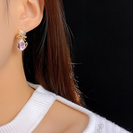 Cute Crystal Cat Earrings for Women Hypoallergenic Sterling Silver Post Elegant Pink Cubic Zirconia Earring Gold Plated Dangle Stud Lovely Kitten Kitty Animal Jewelry for Women Pet Lover