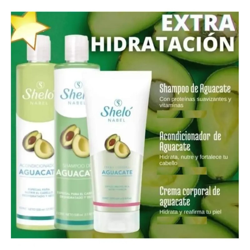 Kit Aguacate Crema Corporal Shampoo Acondicionador Shelo Nab