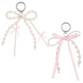 Mabor 2Pcs Bow Keychain, Cute Bowknot Pearl Beaded Keyring Charms Aesthetic Y2k Pearl Bowknot Keyring Decorative Accessories Bag Charms Purse Car Key Chain for Women