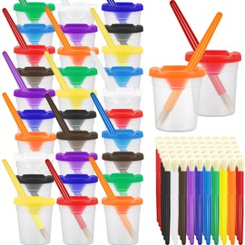 Gueevin 30 Pcs No Spill Paint Cups with Lids for Kids Toddler Children and Paint Brushes for Kids Painting Art Supplies Preschool Classroom Christmas, 10 Colors (Multicolor)