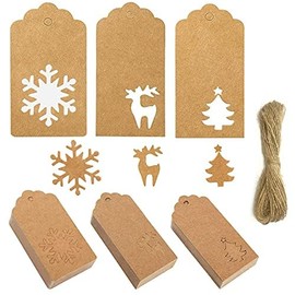 100 Pieces Christmas Tags, Red Kraft Tags with Christmas Tree Snowflake Reindeer Shape, Brown Gift Tags with Jute String for DIY Xmas, Wedding Decorations(Red Tags)
