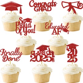 48PCS Graduation Cupcake Topper Glitter Grad Class Food Picks Congratulations Party Decoration Ideas Red