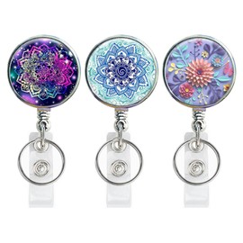 Retractable Badge Holder, Lightweight Plastic Badge Reel Retractable Card Holder with Key Ring Backing Belt Clip for Nurse,Volunteer,Teacher,Student,Office Worker (Pretty Mandala 3Pack)