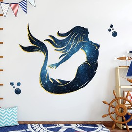 DEIKOKA Blue Galaxy Mermaid Silhouette Wall Decal Large Mermaid Wall Sticker Self-adhesive Mermaid Wall Art Decor Baby Nursery Girls Bedroom Bathroom Decoration