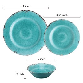 Supreme Housewares 12-Piece Melamine Dinnerware Set, Includes Dinner Plates, Salad Plates, Bowls, Service for 4. (Crackle, Turquoise)
