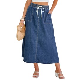 luvamia Denim Skirts for Women Trendy A Line Long Maxi Pull On Elastic Waist Drawstring Stretchy Jean Skirt with Pockets Aline Skirts for Women Classic Blue Size Large Fits Size 12 Size 14