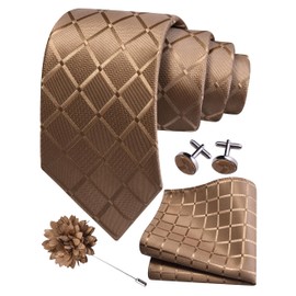 GUSLESON Khaki Tie Mens Tan Plaid Checkered Wedding Necktie Pocket Square Cufflinks and Lapel Pin Brooch Set (6104-01)