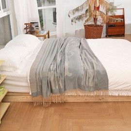 Temminc Pure Wool Jacquard Throw Blanket, Large 55x83 inches, 1.5 lbs, Soft Throw Blanket with Grey Leather Bag,Compact & Portable Large Blanket for Travel, Car, Picnic & Camping