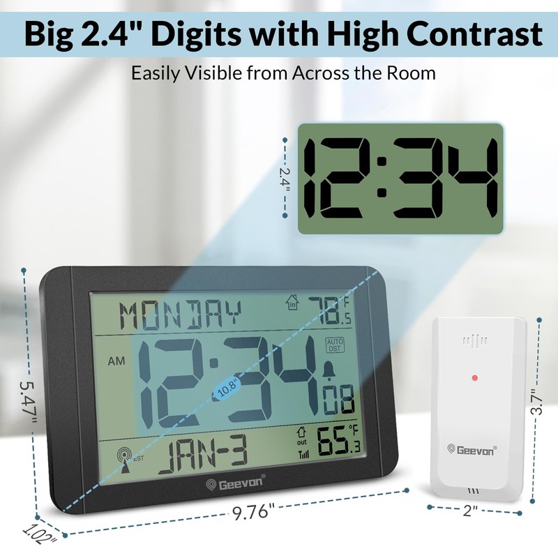 Geevon Atomic Clock with Indoor Outdoor Temperature–10.8'' Self-Setting Digital Wall