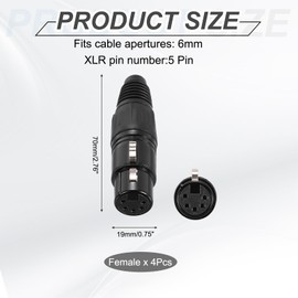 sourcing map 4pcs 5 Pin XLR Female Connector, Microphone Audio Cable Plug Mic Socket Accessories for Mixer, Power Amplifier, Black-2.76 inch